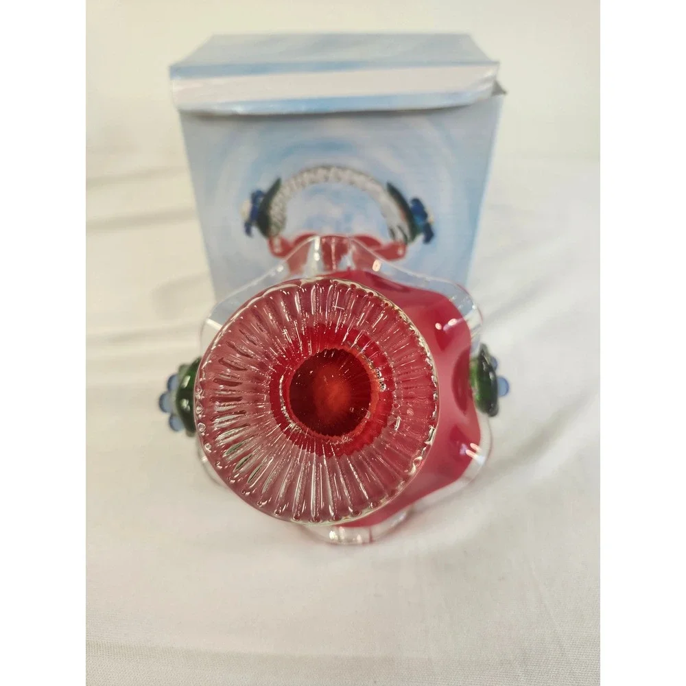 Red Art Glass Basket Hand Blown Ruffled Edge Flower Accents Clear Handle Boxed